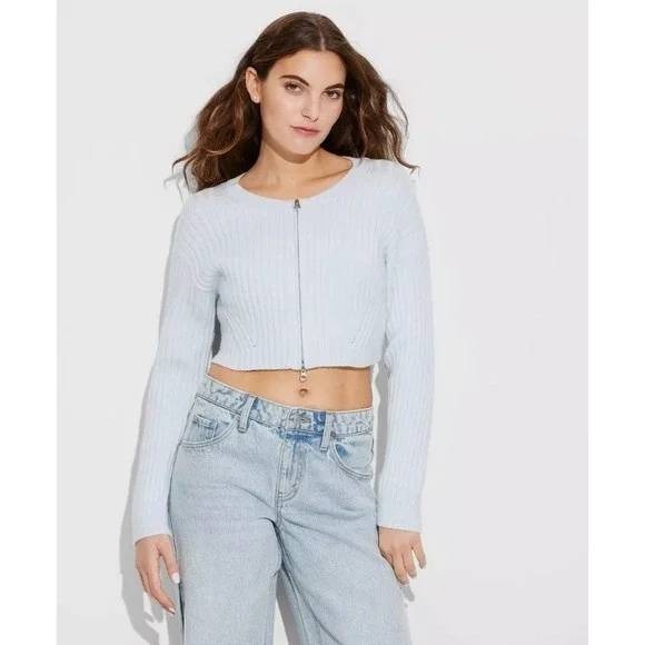 wild fable Sweaters - Wild Fable Womens Light Blue Ribbed Zip Up Cropped Sweater Long Sleeve‎ Size S